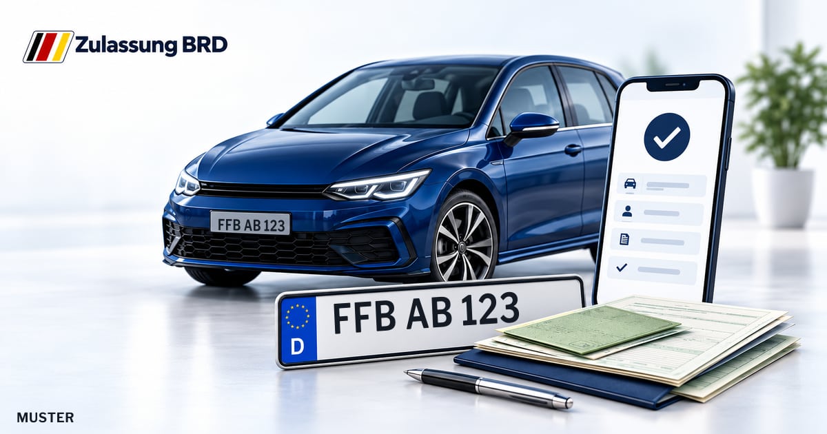 Online Fahrzeugzulassung in Germering: Musterkennzeichen FFB AB 123, Auto und Fahrzeugpapiere und Smartphone. Illustration mit Logo von Zulassung BRD.